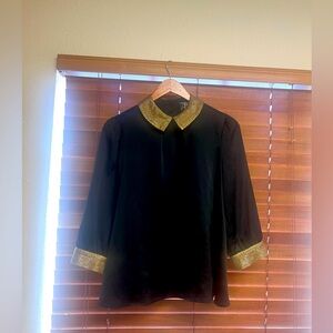 Peter Pan Gold Sequin Collar Black Blouse THE MOON satin Size‎ M